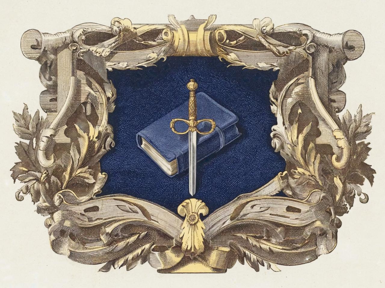 Classical engraving of an open book with sword - symbolizing the Word of God and spiritual warfare